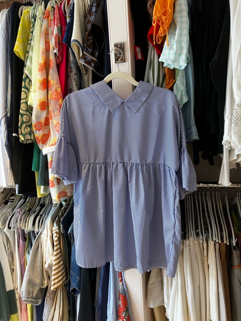 Collared Blue Stripe Babydoll Women’s Top